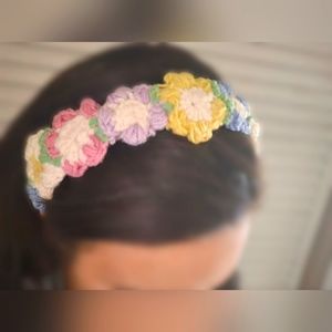 [SOLD]Handknit Crochet Rainbow Spring Flowers Headband